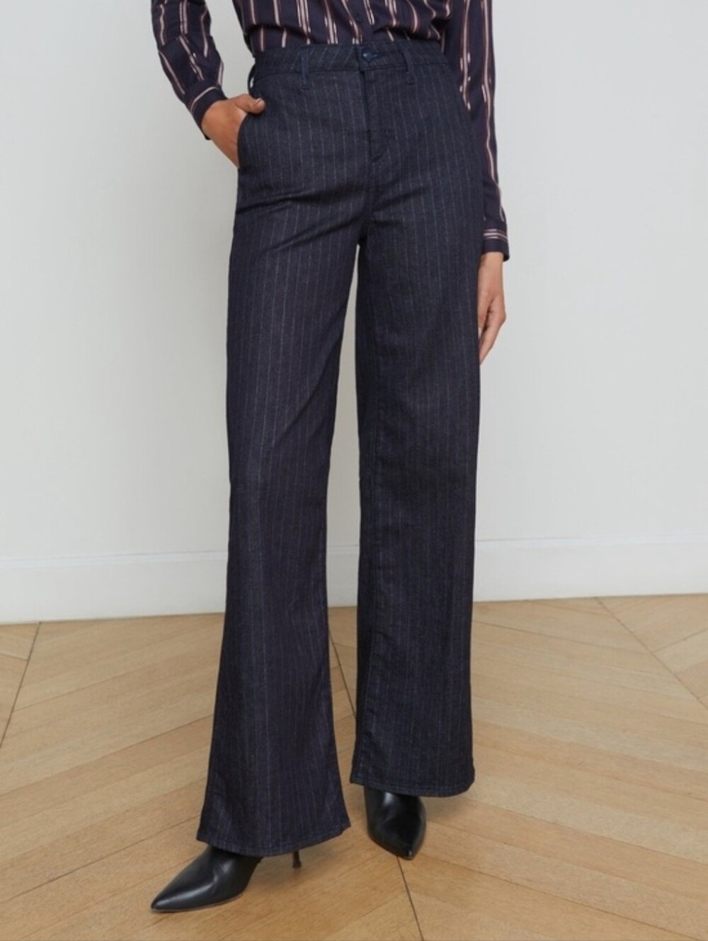 L'agence Angeline High Rise Wide Leg Indigo Blue Glitter Stripe Trouser Pants